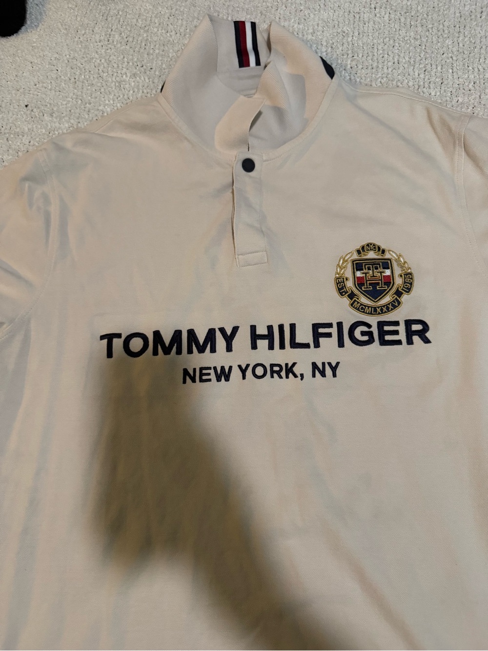 Tommy Hilfiger Cream Rugby Polo with Navy Logo & Crest - Kids